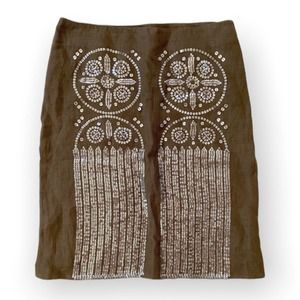 Tory Burch Skirt Pencil Olive Green Sequin Linen Pencil Skirt Size 2